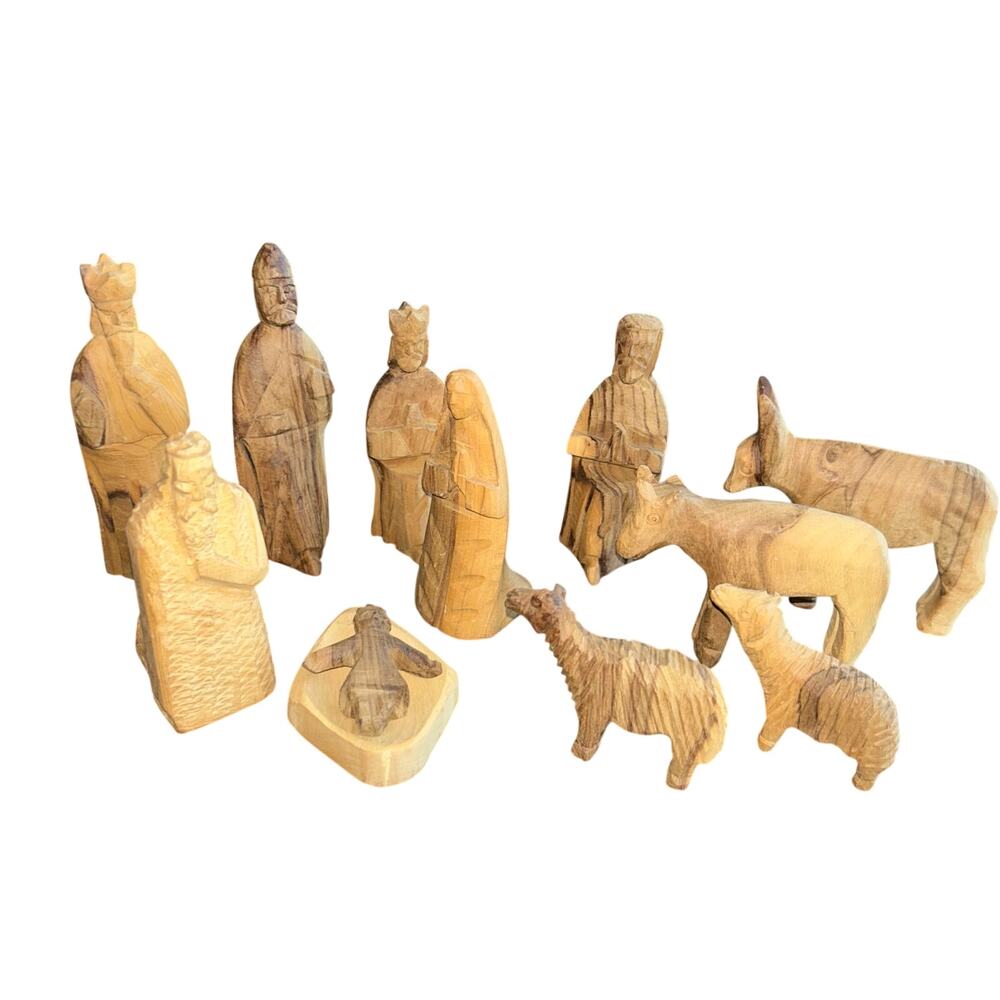 Vintage Hand Carved Olive Wood 12 Piece Nativity made in Bethlehem